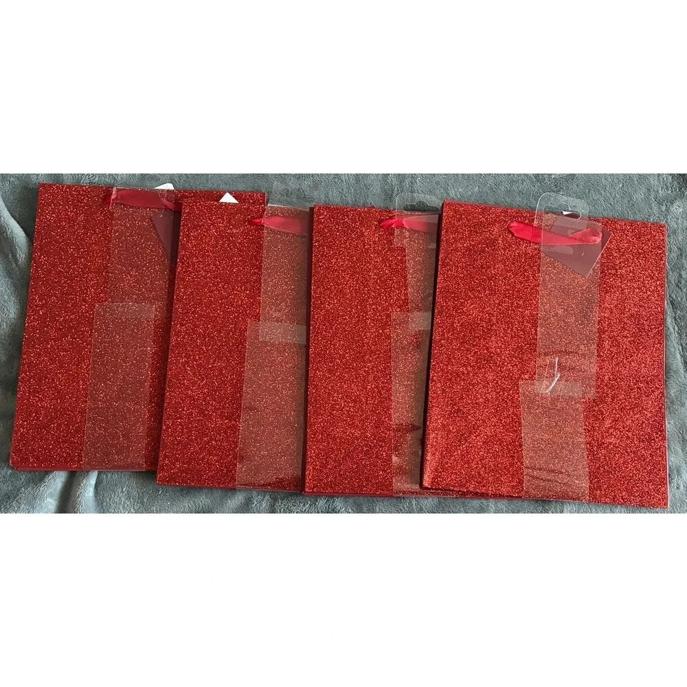 Set of 8 Red Glitter Christmas Gift Bags Holiday Present Bags Sparkly